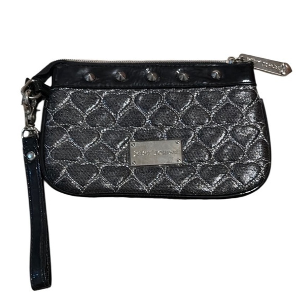 Betsey Johnson Black & Silver Quilted Heart Studded Clutch Wristlet
